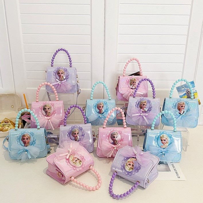 2024 New Ice Princess Children's single-shoulder Bag for Little Girls, Korean version illuminated bow sequined hand-held crossbody bag full figure