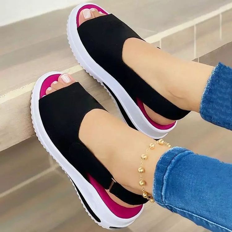2021 Foreign trade new large-sized fish-mouth wedge heel shoes for women, thick-soled beach Velcro sandals in solid color, light opening single shoes for women details Picture