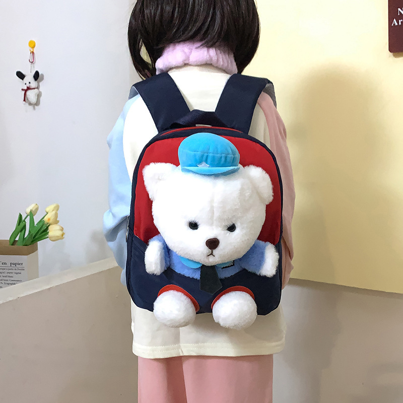 Children's schoolbags, cartoon police bear plush backpacks, kindergarten backpacks, nylon waterproof and wear-resistant small backpacks, cross-border Specification drawing