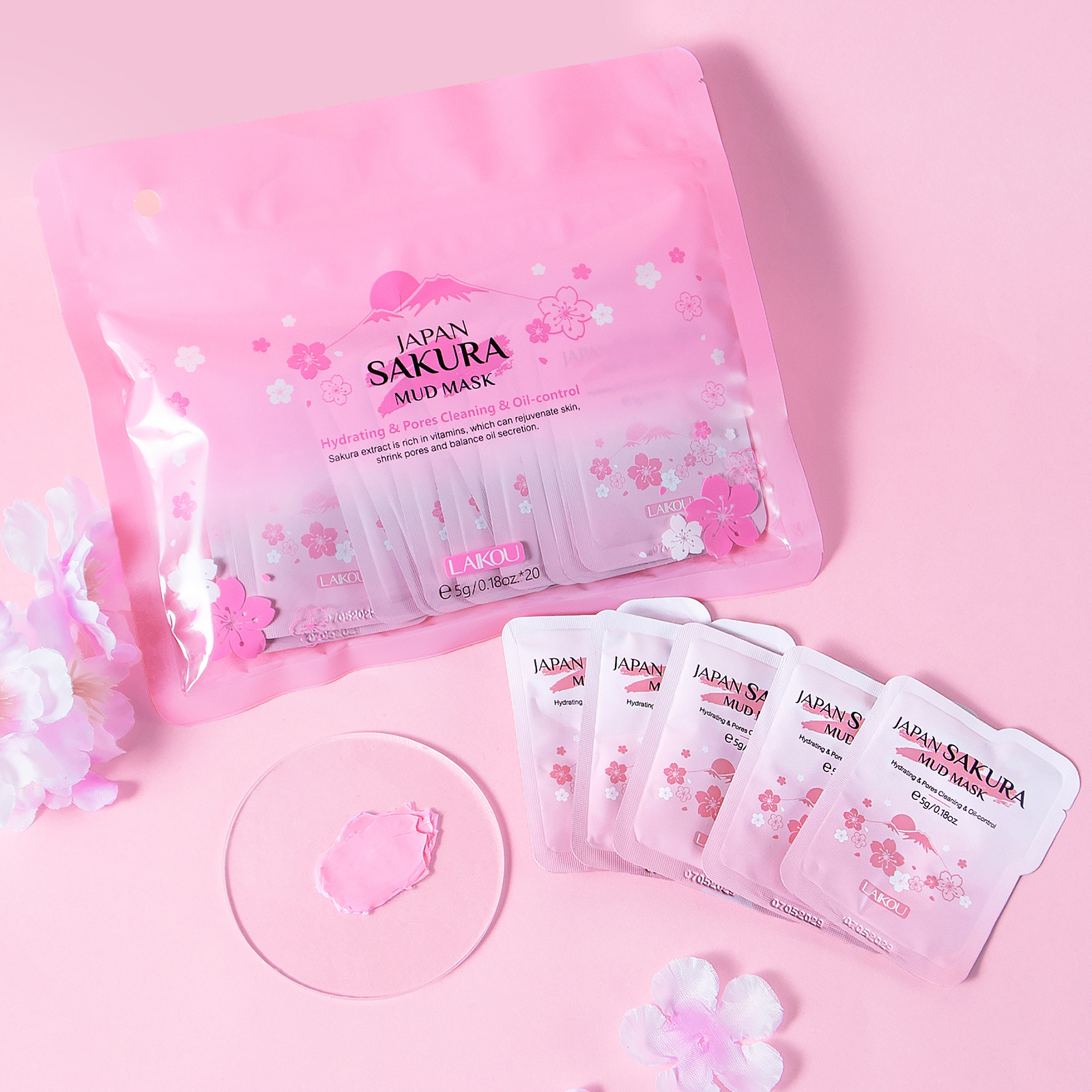 Cross-border new product Laikou Cherry Blossom Mud Mask 5g*20pcs Hydrating, pore-cleaning and moisturizing, available for wholesale from the manufacturer full figure
