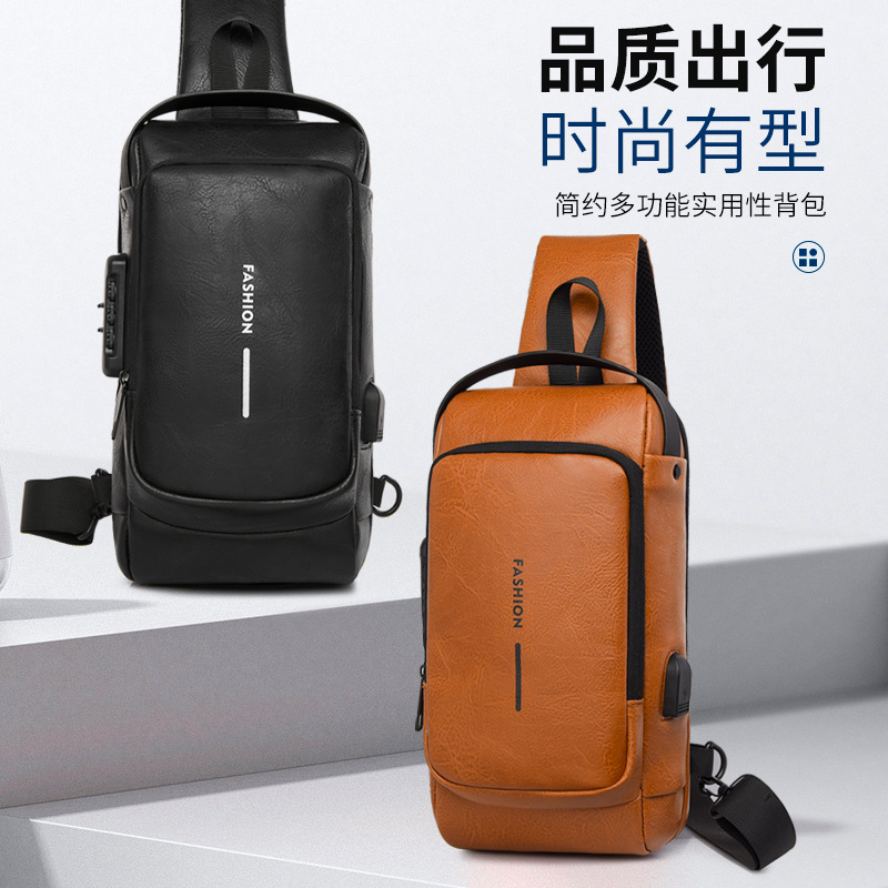New men's crossbody bag, chest bag, leather bag, shoulder bag, sports mini backpack, multi-functional men's bag, combination lock, cross-border details Picture