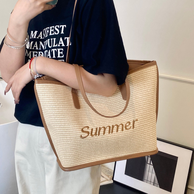 Straw woven letter large-capacity bag 2025 single-shoulder large bag for women, new beach woven summer Korean-style tote bag Application Scenario