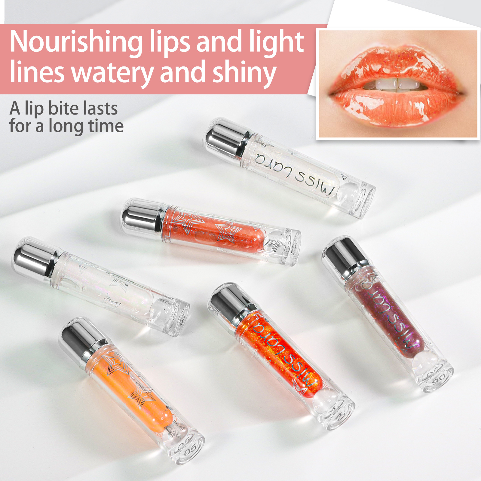 MISS Lara 6-color Glitter Lip Gloss with Mirror-like Water Glow details Picture