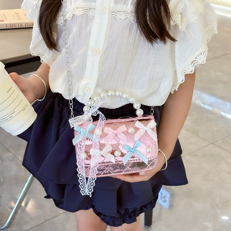 Cute princess pearl handbag for girls, bow diamond-shaped chain crossbody bag, fashionable children's loose change single-shoulder bag Specification drawing