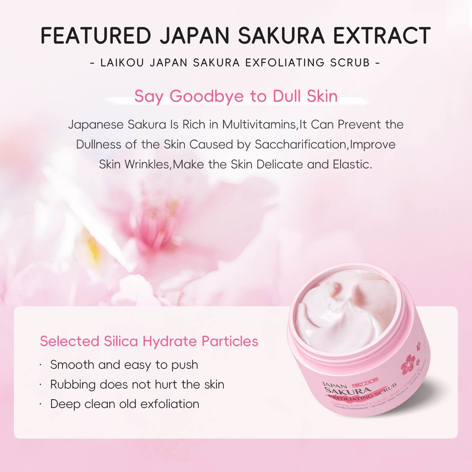 Cross-border new product LAIKOU Cherry Blossom Scrub 25g Cleansing and moisturizing, all-English packaging, cross-border supply manufacturer Specification drawing