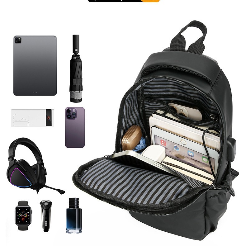 Customized business trip USB chest bag, fashionable men's single-shoulder crossbody bag, multi-functional trendy casual travel backpack details Picture