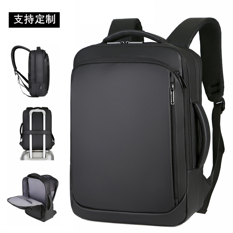 Cross-border backpack for men, multi-functional USB business travel and commuting backpack, 15-inch leather film laptop bag full figure