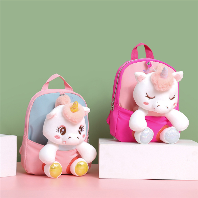 2024 New Unicorn Backpack, kindergarten Cartoon plush doll, split Schoolbag, lightweight nylon double-shoulder trendy bag full figure