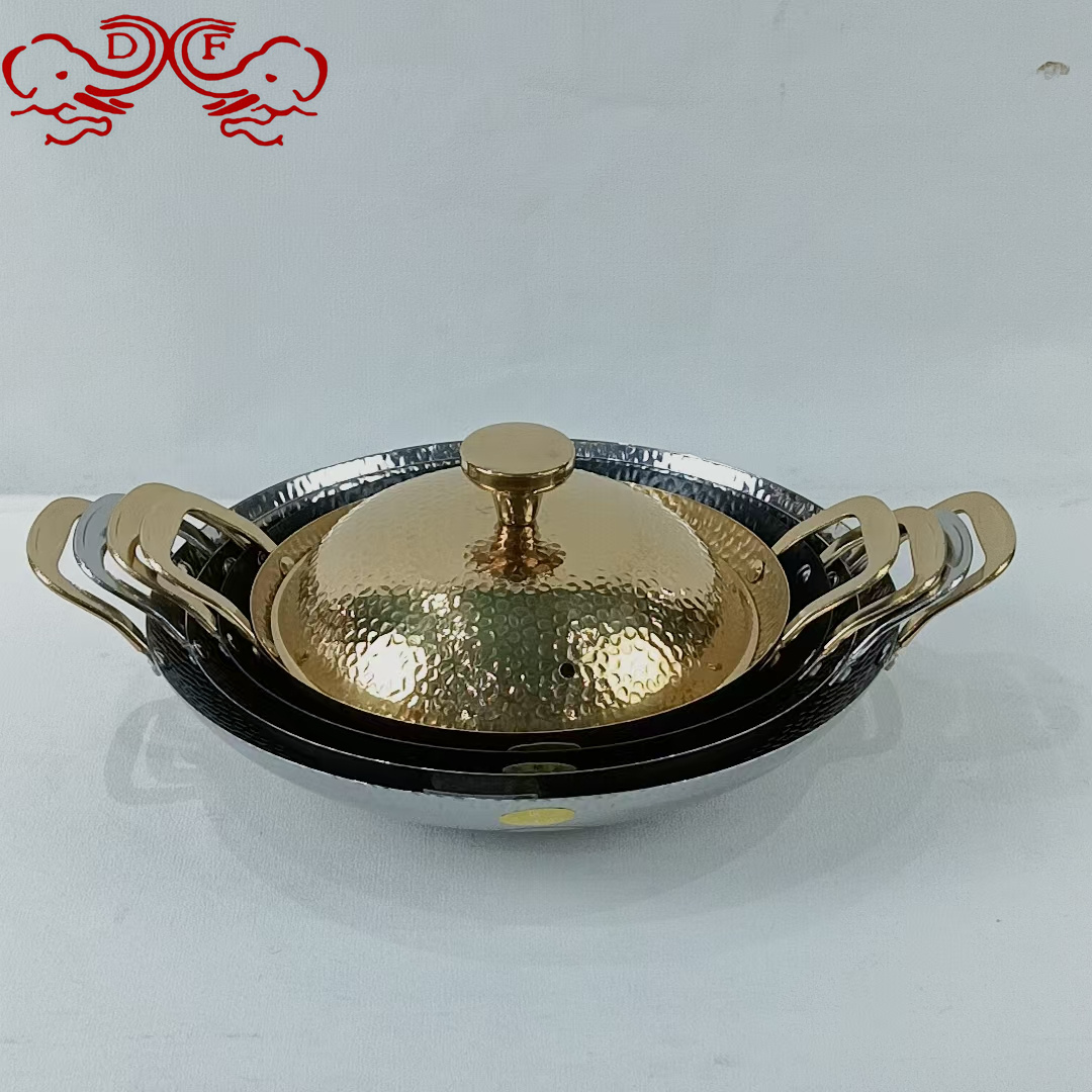 DF99002 Hammer-patterned dry Pot, bar cauldrail, Alcohol stove Special Pot, Golden double-ear bar Cauldrail, Seafood boiler, DF TRADINGHOUSE Item Picture