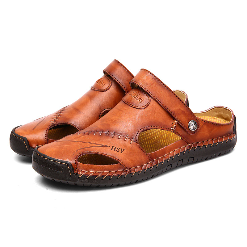 Amazon cross-border Spring/Summer men's oversized sandals, men's trendy leather beach shoes, casual flip-flops, men's shoes, sewn shoes Item Picture