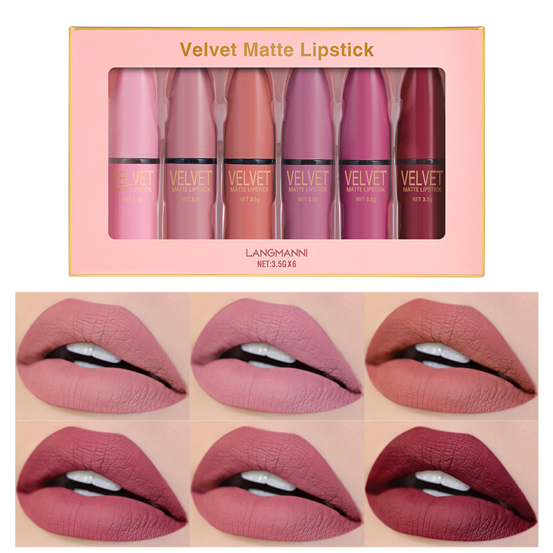 Langmanni bullet-shaped matte Lipstick Set, matte square water not easy to stick to cups, 6-color gift box lipstick set full figure