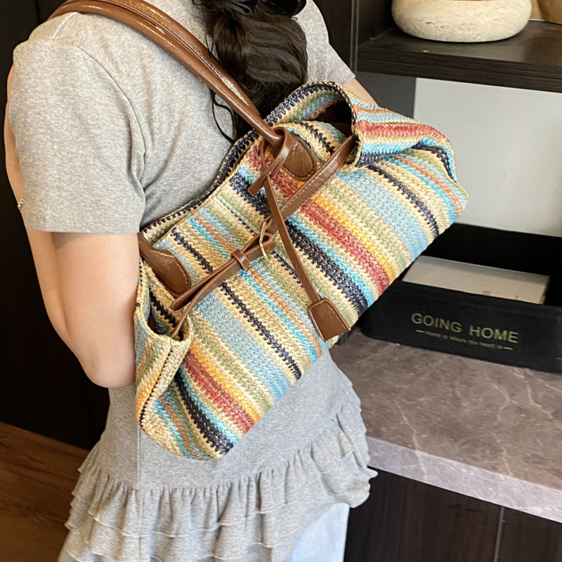 Beach vacation bag 2025 New style trendy and fashionable single-shoulder bag, large-capacity tote bag, hand-woven straw bag Specification drawing