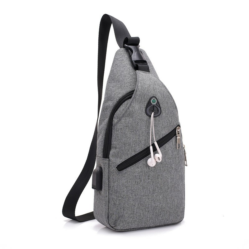 Solid-color men's USB chest bag, Oxford fabric outdoor sports bag, Korean-style casual single-shoulder crossbody small bag in stock for wholesale Item Picture
