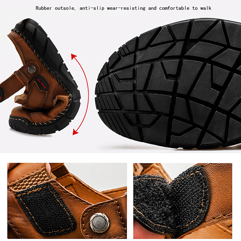 Cross-border large wharf layer cowhide sandals, men's genuine leather men's durable beach shoes, men's thick-soled anti-slip shoes, men's flip-flops details Picture