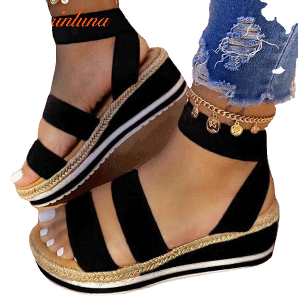 2020 summer European and American new style wedge heel sandals, large size thick-soled solid color fish-mouth shoes made of hemp rope, size 43 for export wholesale Item Picture