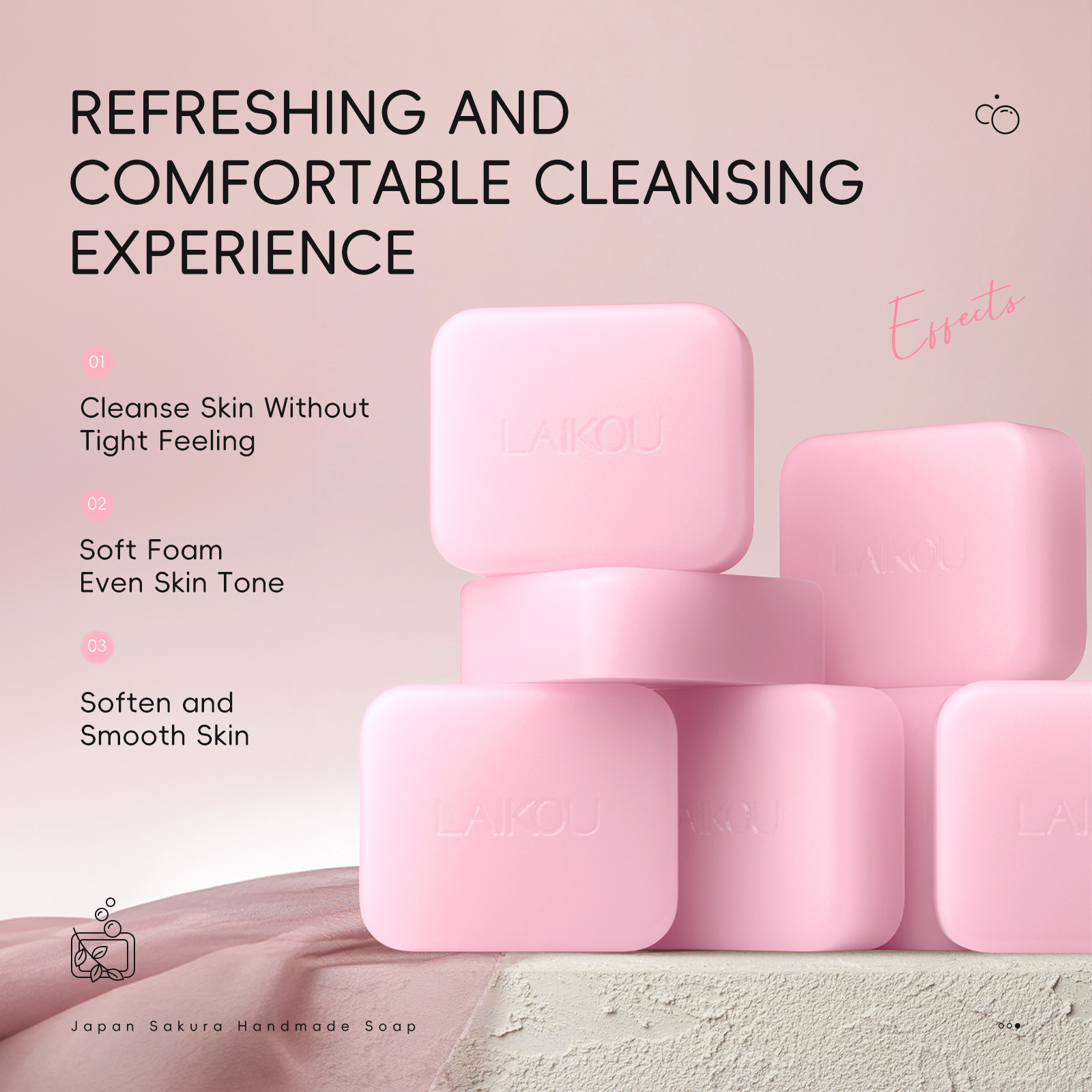 The new cross-border product LAIKOU Moisturizing and Cleaning Cherry Blossom Handmade Soap 110g is in stock and available for wholesale from the manufacturer. It comes in English packaging Specification drawing