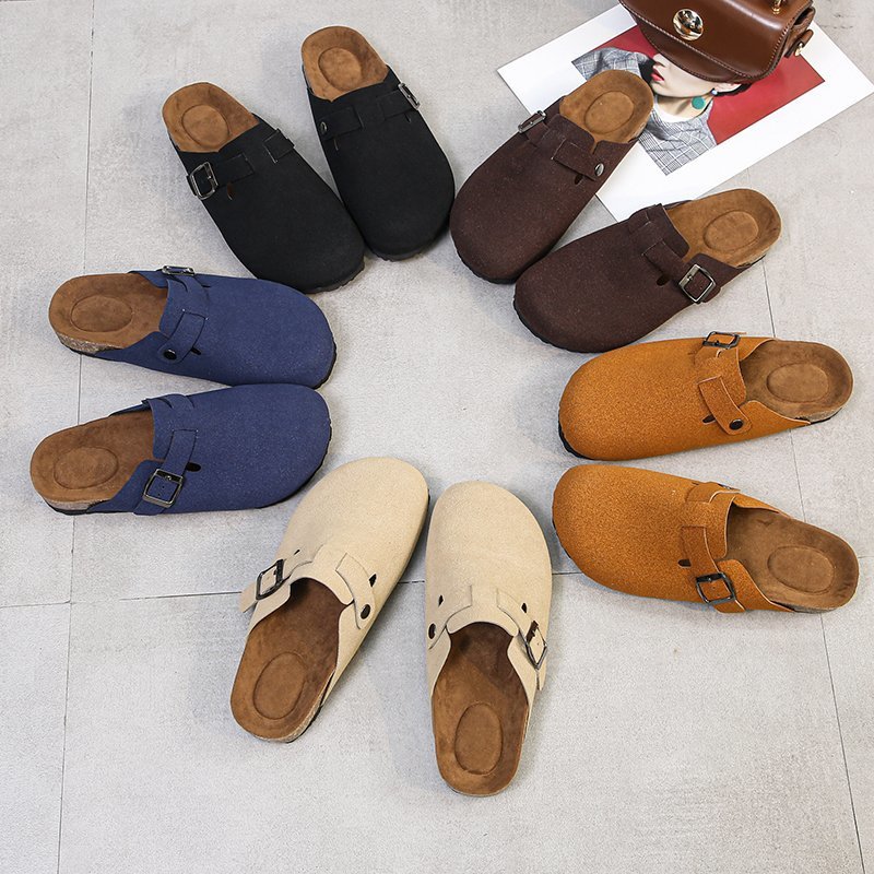 Spring 2021 European and American retro Baotou half-slipper women's cork flat flat large size casual one-step lazy lady's slipper full figure