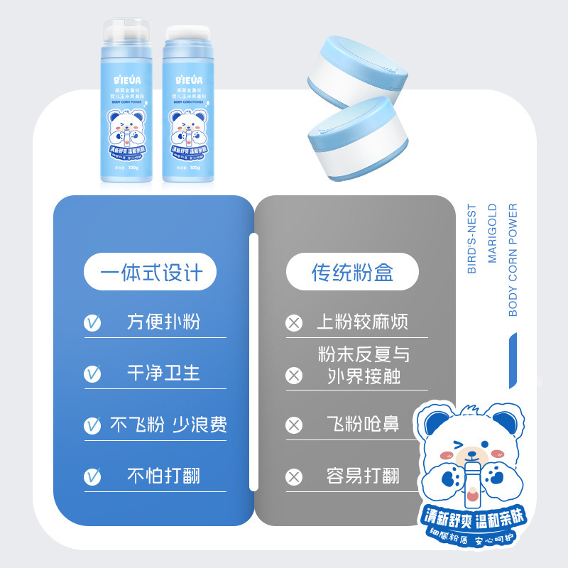 Bird's nest calendula baby corn talcum powder does not sink in water and contains no talcum powder. It can relieve heat rash and keep the skin refreshing Specification drawing