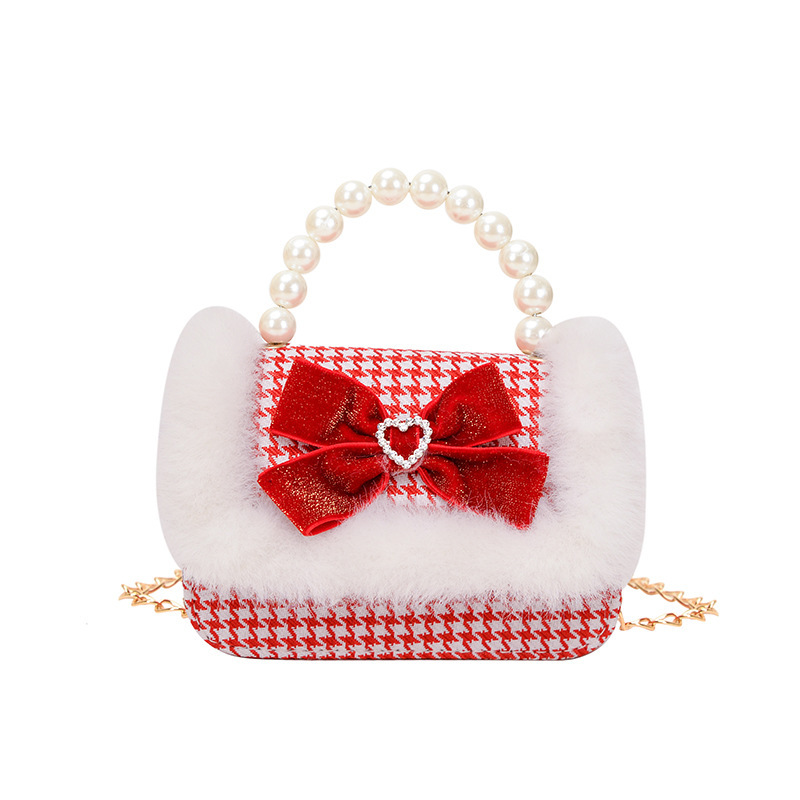 New Year children's bag, bow pearl hand-carry crossbody bag, Chanel-style New Year greeting bag, fashionable princess bag Item Picture