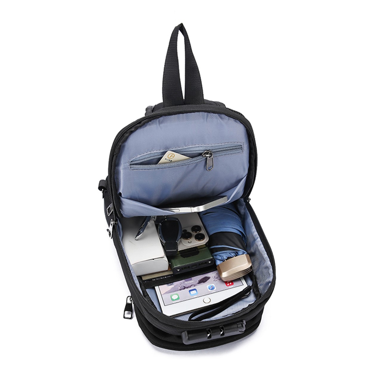 Cross-border wholesale men's chest bags, fashionable single-shoulder crossbody bags, multi-functional sports chest backpacks, USB charging port bags Item Picture