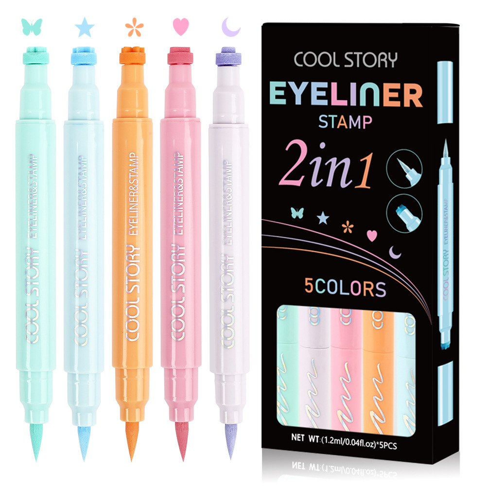 cool story Double-head Eyeliner Pen Set: 5 pieces of matte eyeliner liquid with colored stamps, long-lasting, quick-drying and sweat-proof full figure