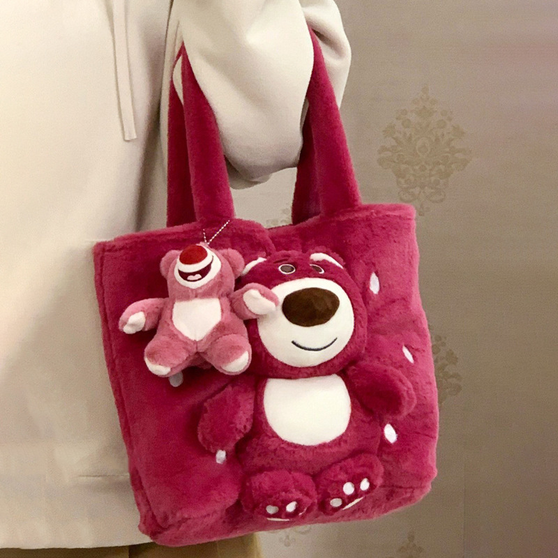 Cute plush bag for girls Autumn/Winter 2023 new Tote bag, fluffy handbag, strawberry bear sweet girl shoulder bag full figure