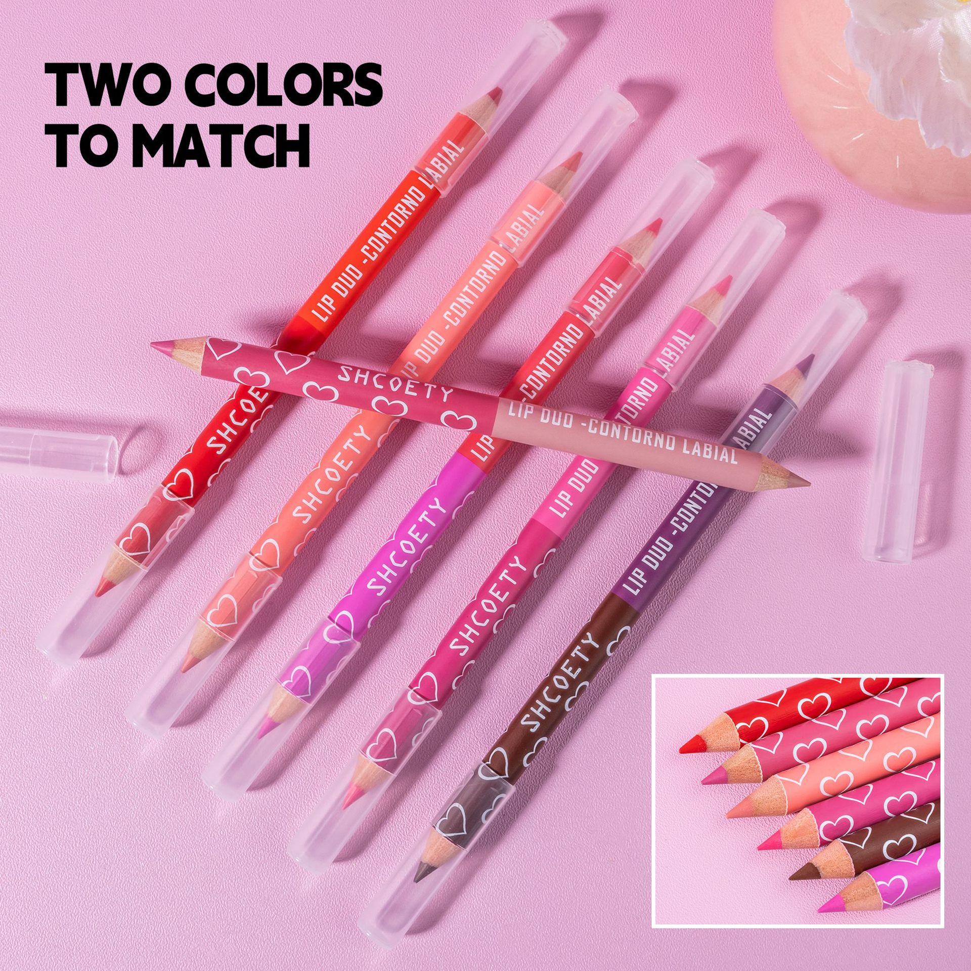 SHCOETY Cross-border double-headed dual-color wooden lip liner pen matte, long-lasting, easy to color, non-stick to cups, outlining pen makeup details Picture