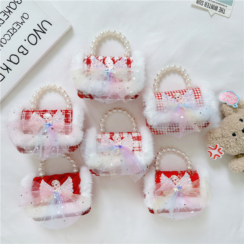Children's small square bag, fashionable pearl handbag, autumn and winter children, New Year festival girls' bow, fabric single-shoulder bag details Picture