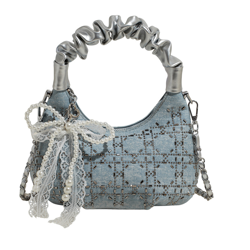 Summer handbag, women's hand-held underarm pillow bag, 2025 new diamond-patterned diamond denim blue single-shoulder fashionable crossbody bag Item Picture