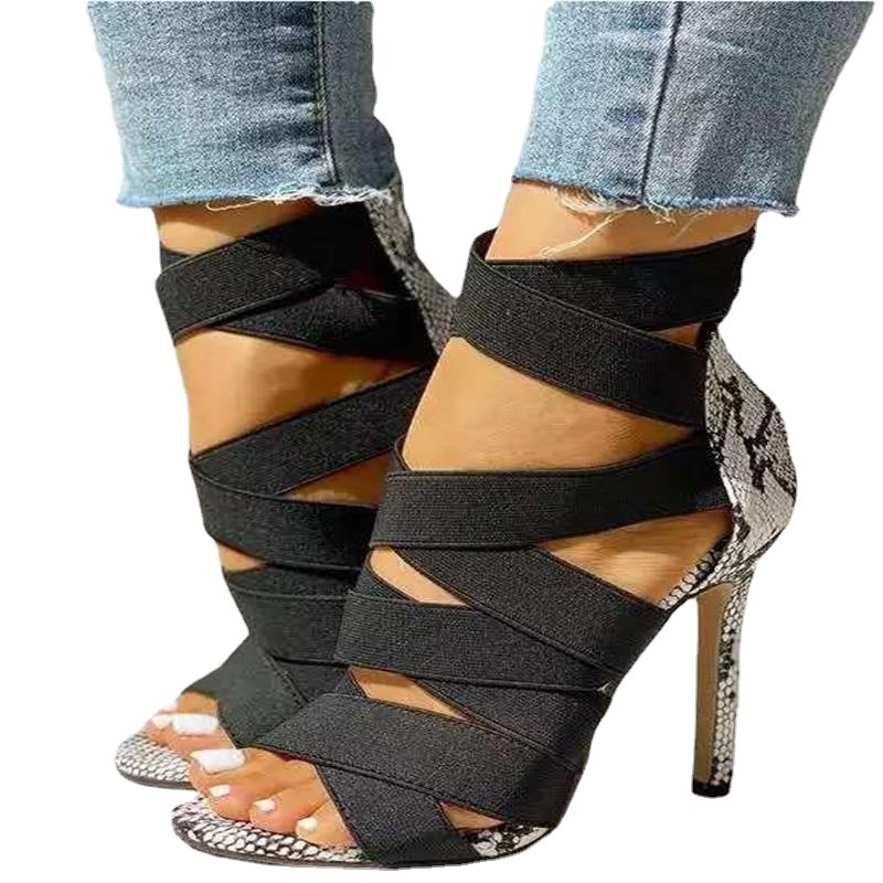 wish's best-selling high-heeled sandals for women 2021 new style, European and American snake-patterned thin-heeled sandals, cross-border large-sized women's sandals Application Scenario