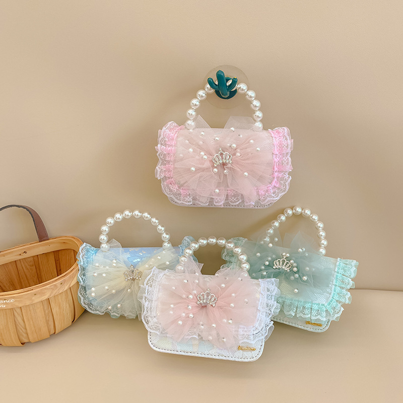 New children's bags: girls' single-shoulder bag, cute princess pearl handbag, bow lace crossbody bag, small square bag full figure