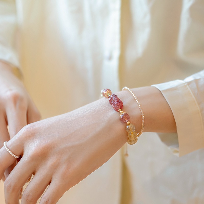 Natural gold hairpin crystal bracelet for women, new Chinese-style yellow crystal woven bracelet, niche strawberry crystal PI Xiu bracelet for women, 492 Specification drawing