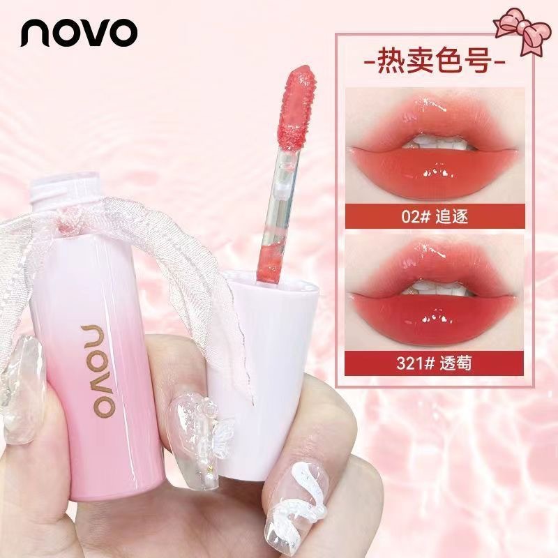 NOVO Water Gloss Colored Ribbon Lip Gloss, Water Gloss Mirror Glass Lip gloss, waterproof and non-stick to the glass, affordable student lipstick full figure