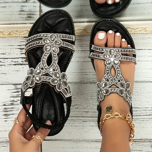 Yirun large-sized hollowed-out cross-border flat diamond sandals, Bohemian-style comfortable women's shoes for summer Specification drawing