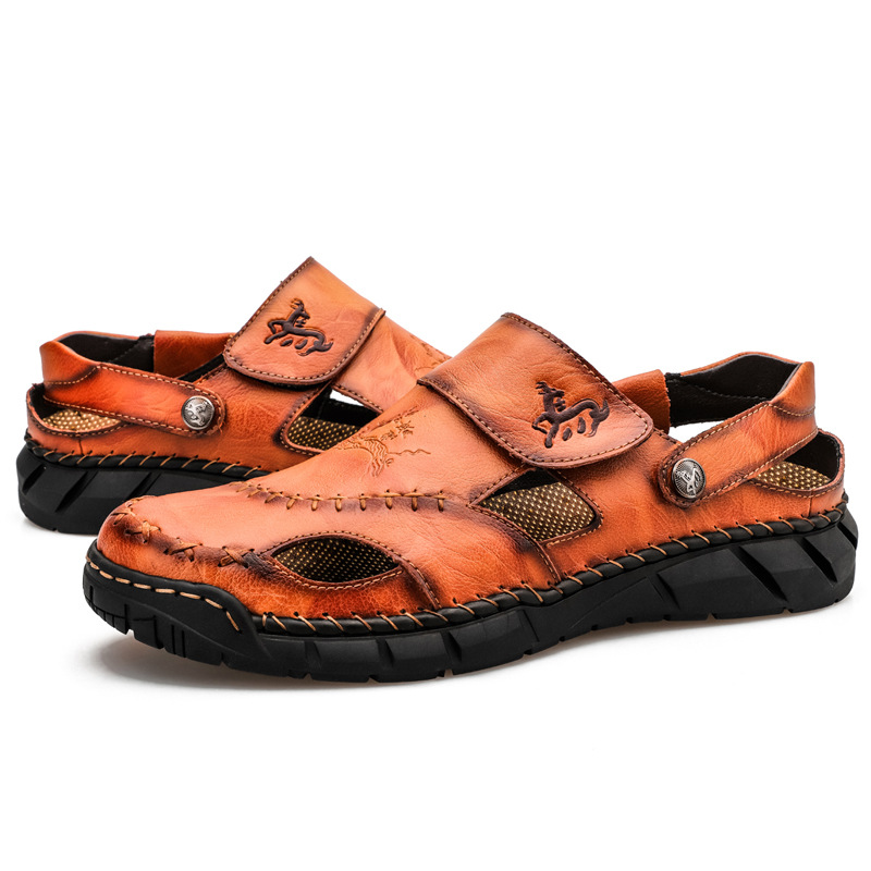 Amazon Spring/Summer men's plus-size sandals, trendy leather beach shoes, flip-flops, plus-size men's shoes, sewn shoes, cross-border Item Picture
