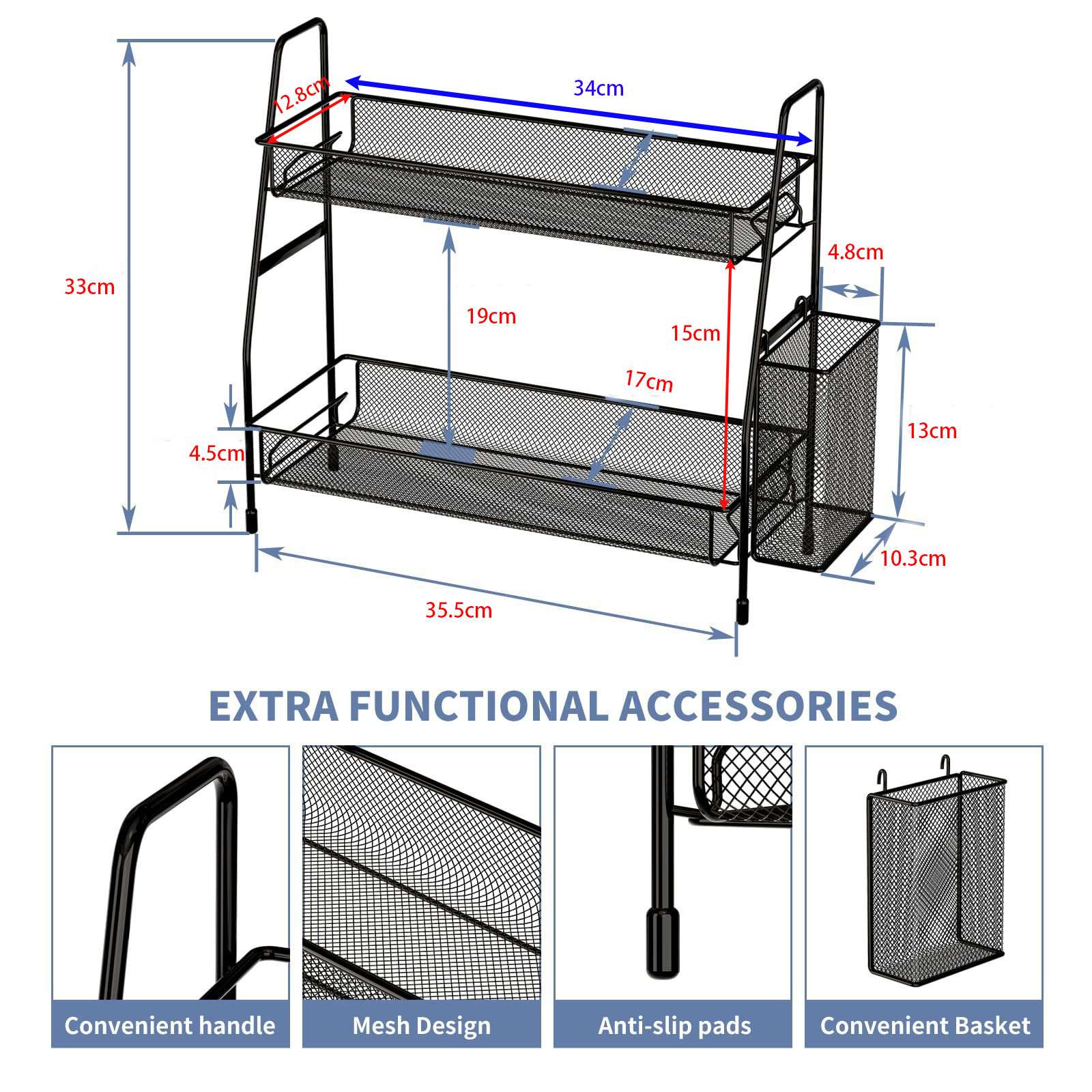 N14-CY-0233 Double-layer mesh kitchen shelf countertop seasoning rack, detachable ironwork for storing condiments Application Scenario