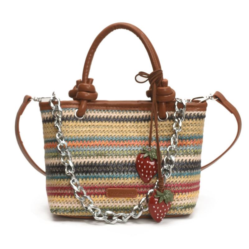 Summer vacation beach-style straw woven bag, hand-held crossbody bag, 2025 new style, stylish rope knot vegetable basket bag, woven bag Item Picture