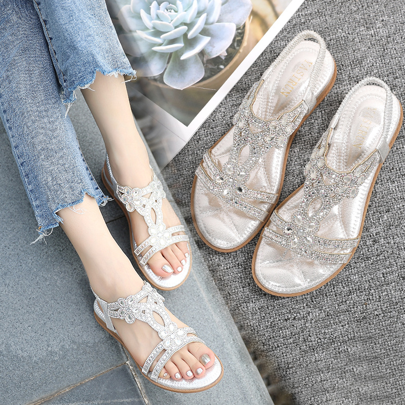 Yirun large-sized hollowed-out cross-border flat diamond sandals, Bohemian-style comfortable women's shoes for summer details Picture