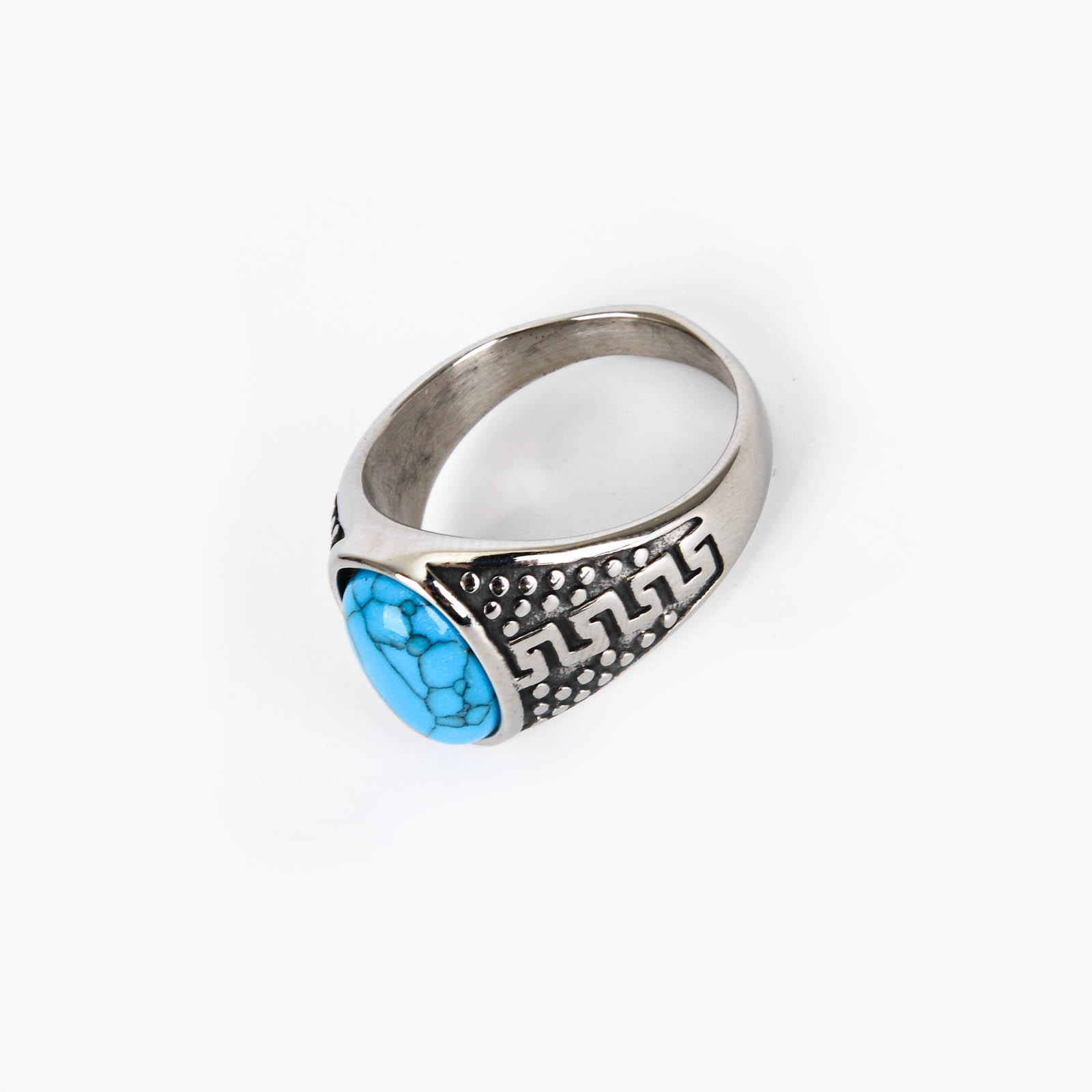 European and American cross-border jewelry, retro egg-shaped aquamarine ring, men's fashionable and simple engraved pattern ring Specification image
