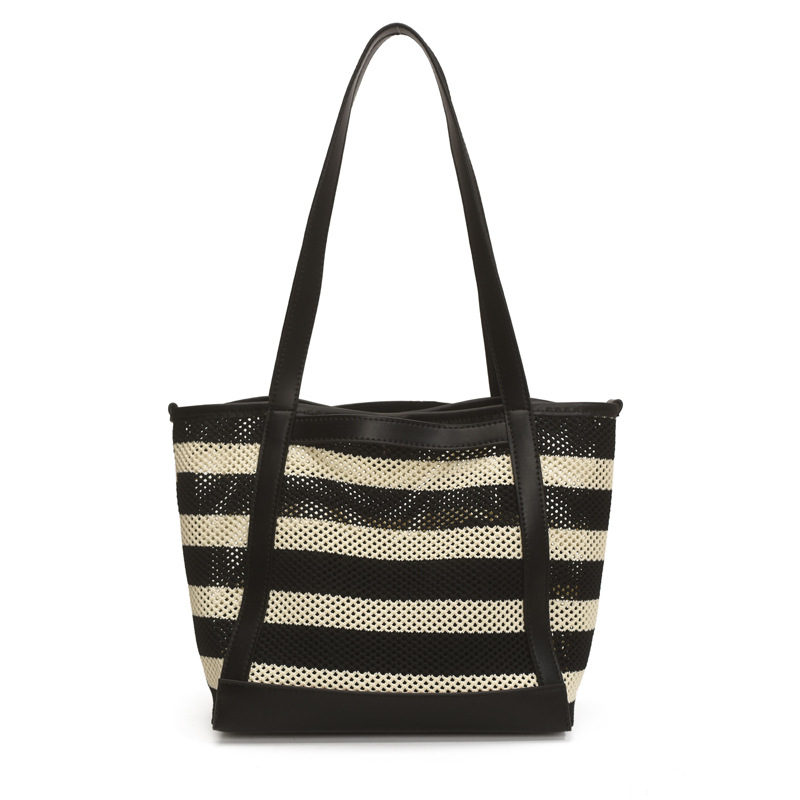 Striped woven bag, large-capacity single-shoulder women's bag, 2025 summer new style, school commuting bag, vacation-style handbag Item Picture