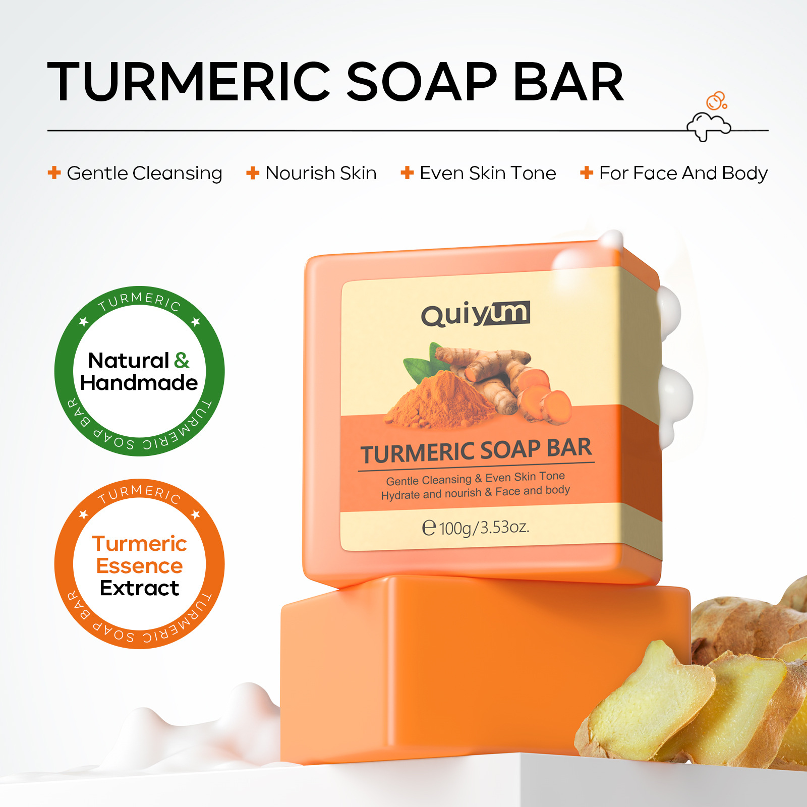 Cross-border QUIYUM turmeric essential Oil Soap 100g facial cleansing, hydrating and moisturizing skin care products one-piece consignment details Picture