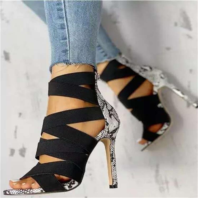 wish's best-selling high-heeled sandals for women 2021 new style, European and American snake-patterned thin-heeled sandals, cross-border large-sized women's sandals Specification drawing