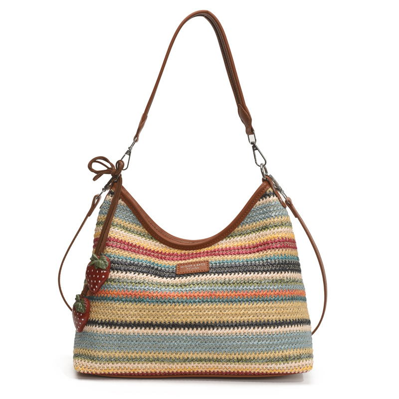 2025 Versatile casual single-shoulder woven straw bag with contrasting colors and large capacity, new summer tote bag for women, beach and seaside Item Picture