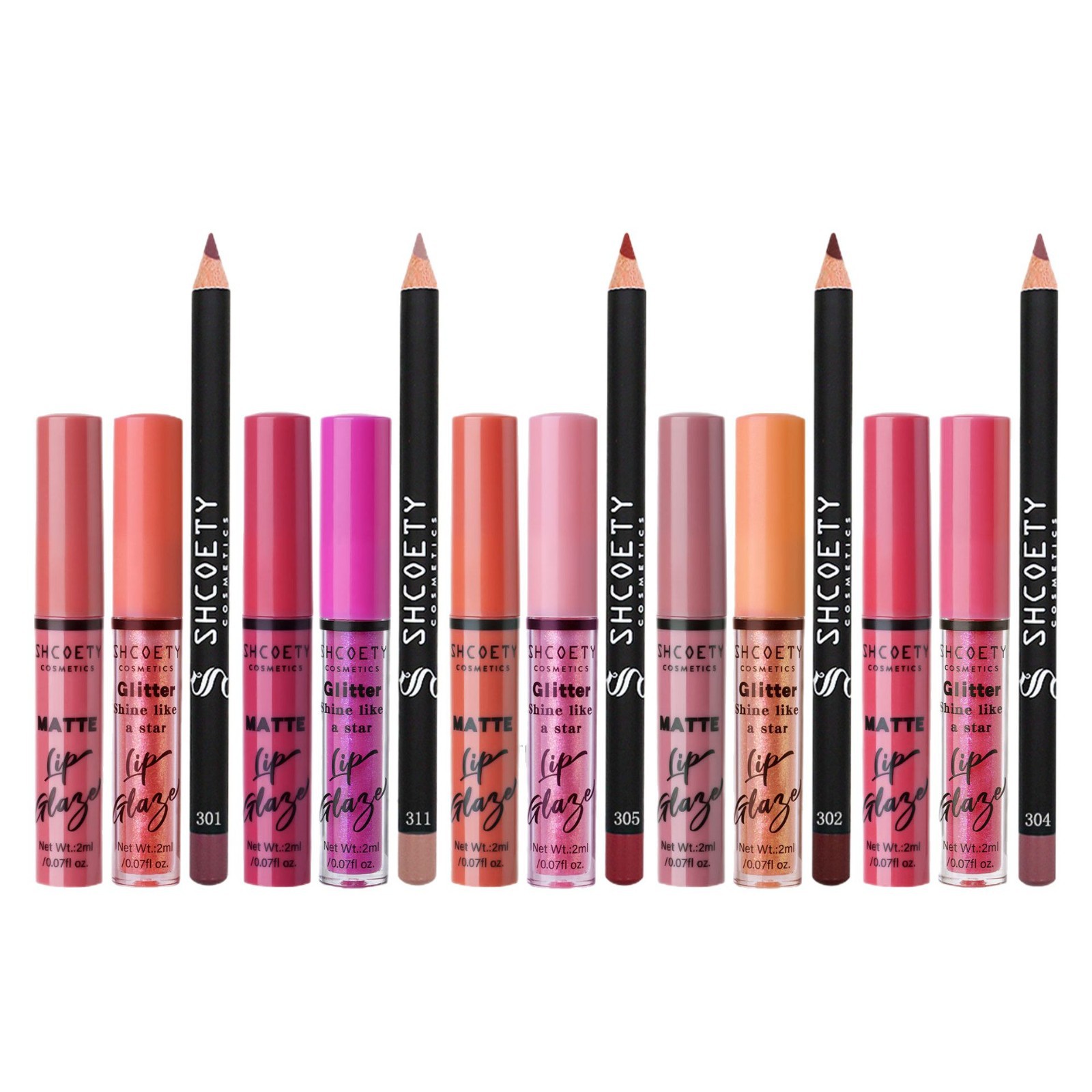 SHCOETY Cross-border Lipstick Set: Pearlescent Fine Sparkling Lip gloss, matte, waterproof, non-stick cup Lip gloss, Lip liner pen Item Picture