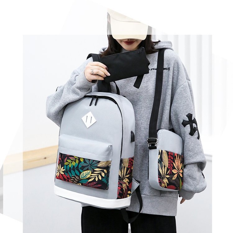 Backpack with large capacity and high-end feel, usb charging backpack, travel bag, three-piece set, schoolbag, school style backpack full figure