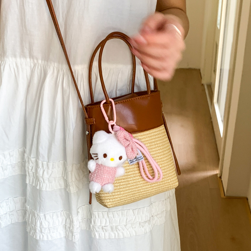Korean style simple and fashionable woven mobile phone bag for women 2025 summer new seaside vacation crossbody straw woven bucket bag Specification drawing