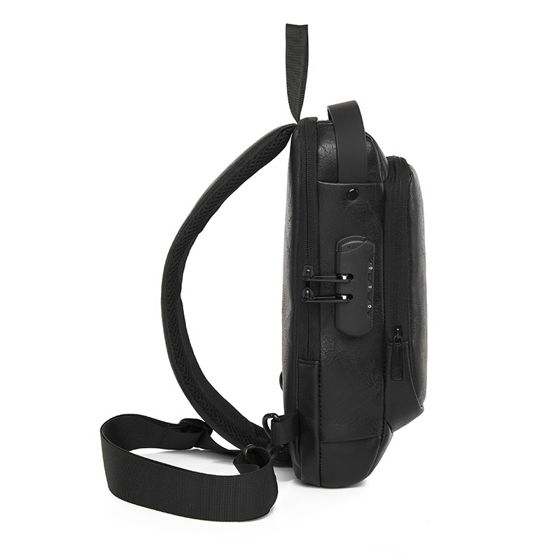 New men's chest bag, leather bag, crossbody bag, shoulder bag, sports mini backpack, multi-functional men's bag, combination lock, cross-border Specification drawing