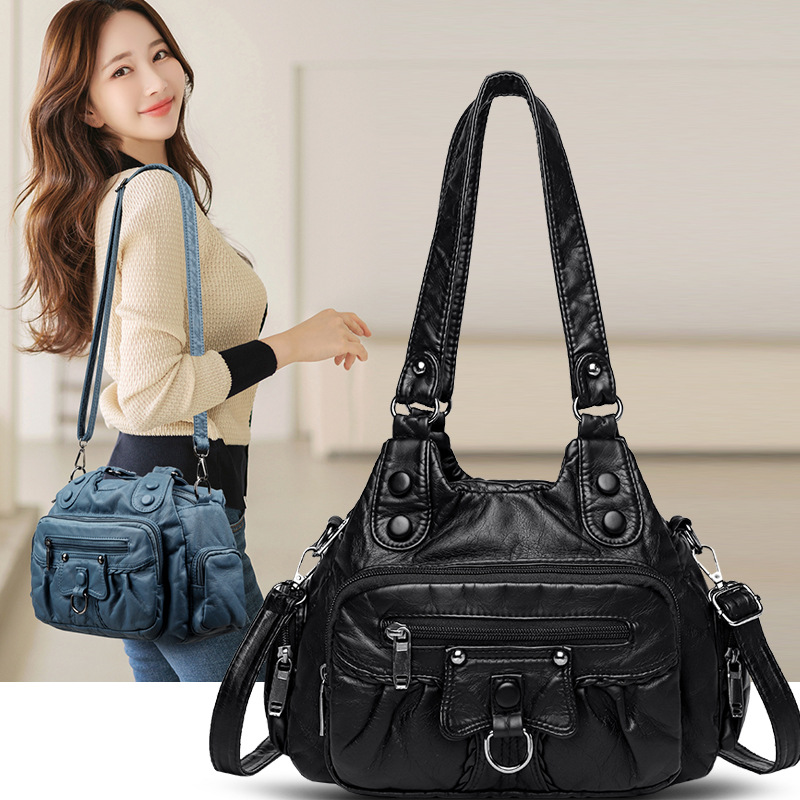New cross-border washed leather women's bag, woven commuting bag, large-capacity handbag for women, soft leather single-shoulder bag with European and American style full figure