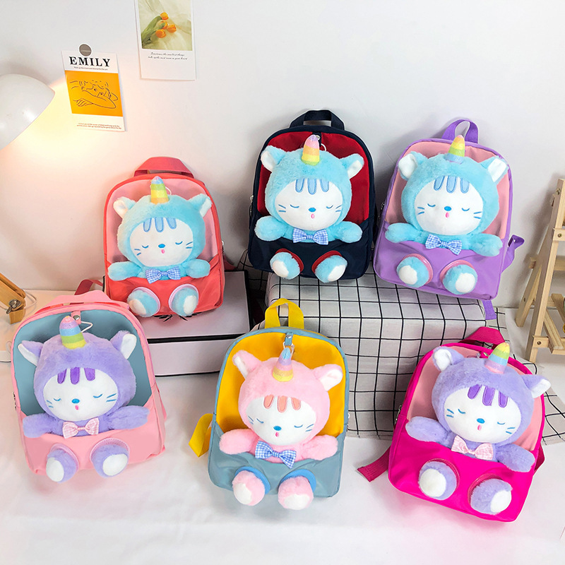 The 2022 new children's schoolbag is cartoonish and cute, transforming into a plush cat backpack for girls and kindergartens details Picture