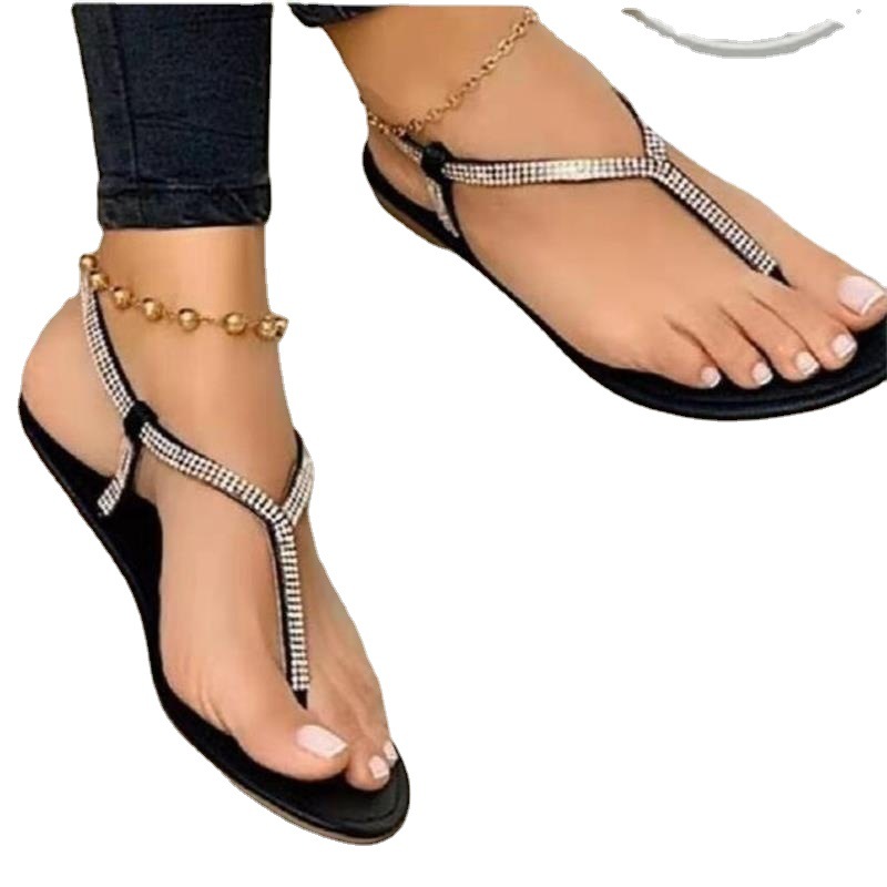 Aliexpress women's flip-toe flat sandals, low-heeled rhinestone one-button comfortable and sexy women's shoes, export one-piece consignment Item Picture